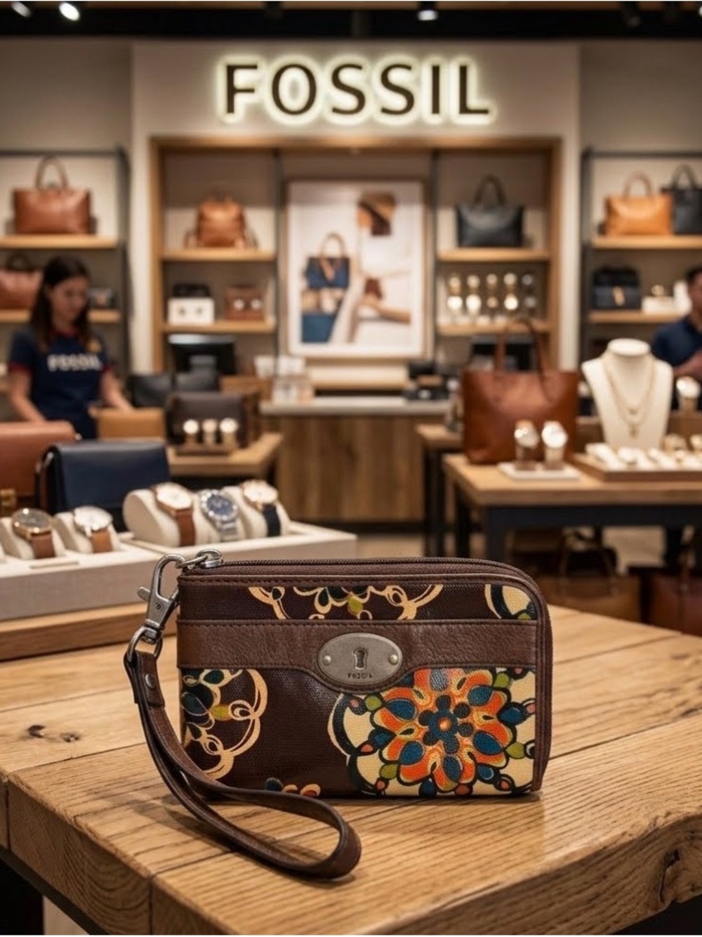 Fossil Brown Multicolor Floral Zip Wristlet GUC
